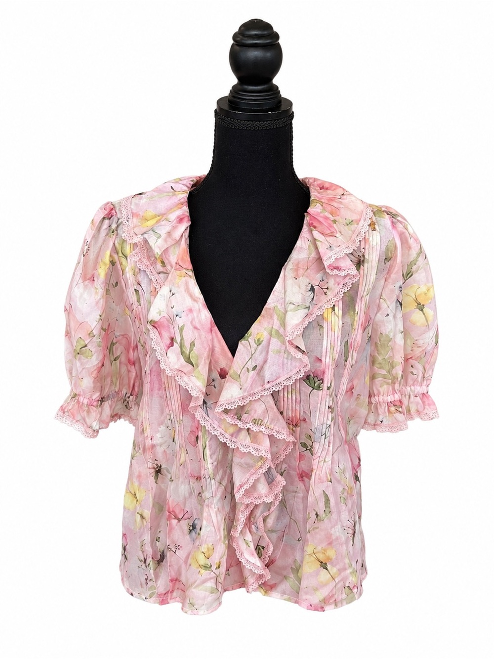 Lucky & Coco Floral Ruffle Blouse Sheer Puff Sleeve Romantic Cottagecore Top